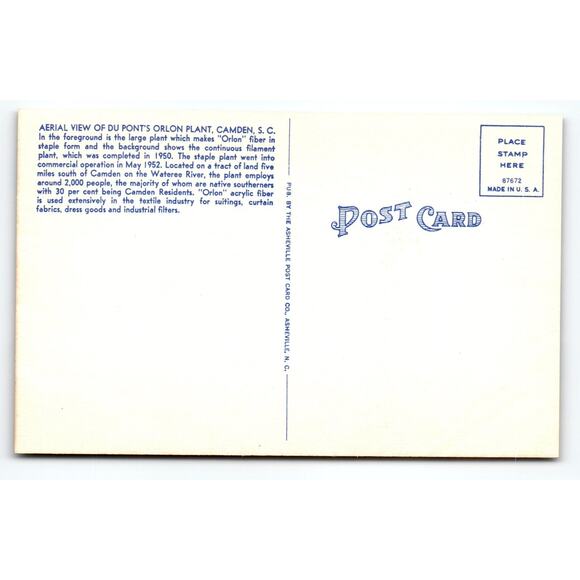 Vintage Linen Postcard Aerial View of DuPont Orlon Plant Camden SC - Picture 2 of 2